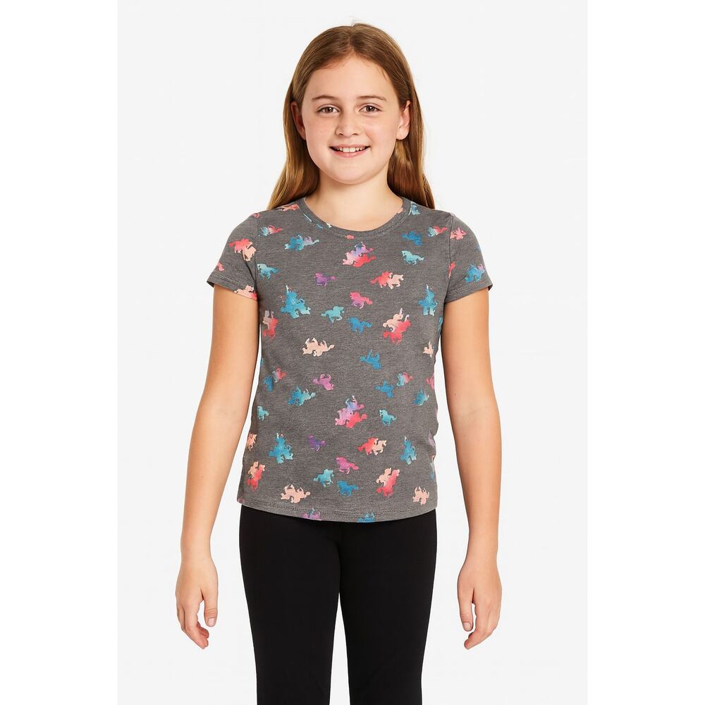 Excellent SO Girls Gray Pink Unicorn Print Core Tee Shirt Size Large 10/12